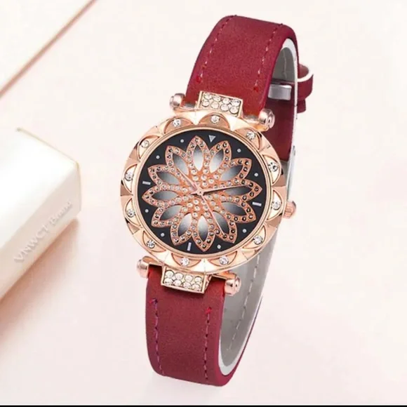 New Red Starry Sky Luxury Leather Strap Rose Gold Sapphire Bracelet Watch Set - Picture 6 of 16
